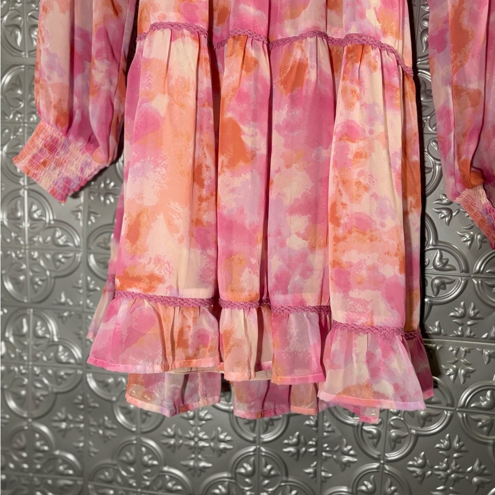 Japna Pink Long Sleeve Mini Ruffle Dress Spring Pastel tie back belt resortwear - Picture 5 of 7